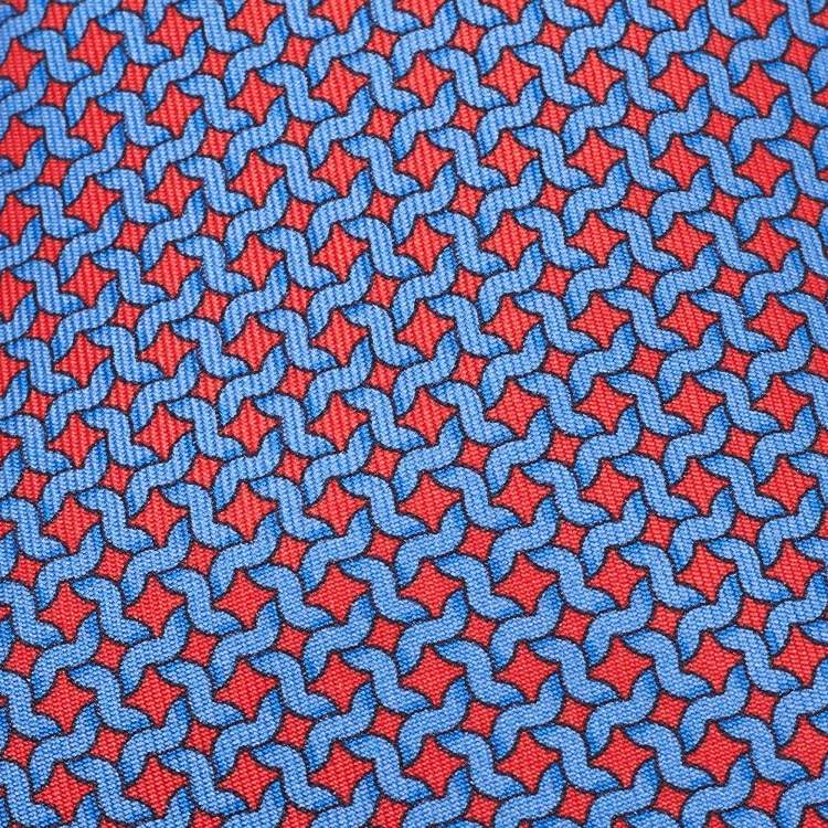 Pre Owned Hermes Blue/Red Printed Silk Tie 