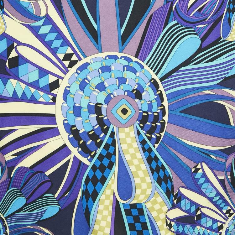 Pre Owned Hermes Bleu Silk Les Flots Du Cheval Pocket Square 