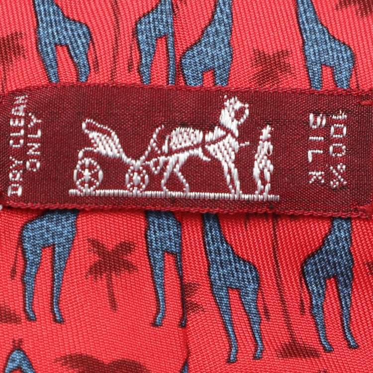 Pre Owned Hermes Red Giraffe and Palm Tree Print Silk Tie