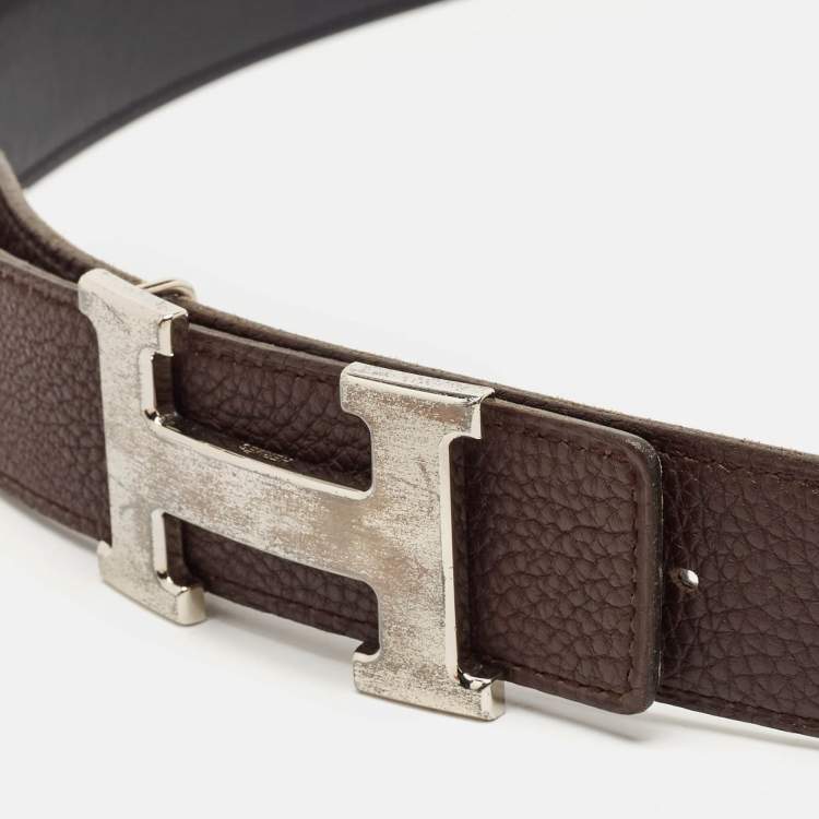 Pre Owned Hermes Black/Chocolat Box and Togo Leather H Buckle Reversible Belt 105CM