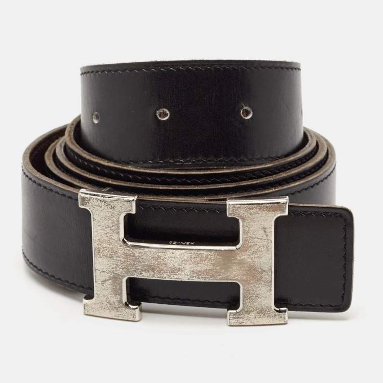 Pre Owned Hermes Black/Chocolat Box and Togo Leather H Buckle Reversible Belt 105CM