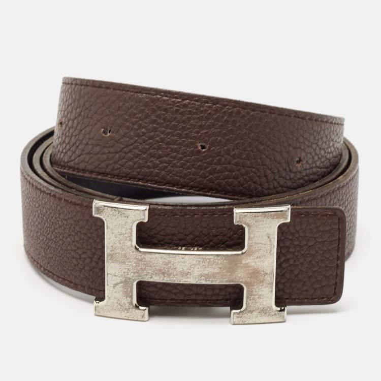 Pre Owned Hermes Black/Chocolat Box and Togo Leather H Buckle Reversible Belt 105CM