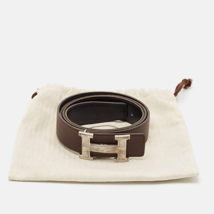 Pre Owned Hermes Black/Chocolat Box and Togo Leather H Buckle Reversible Belt 105CM