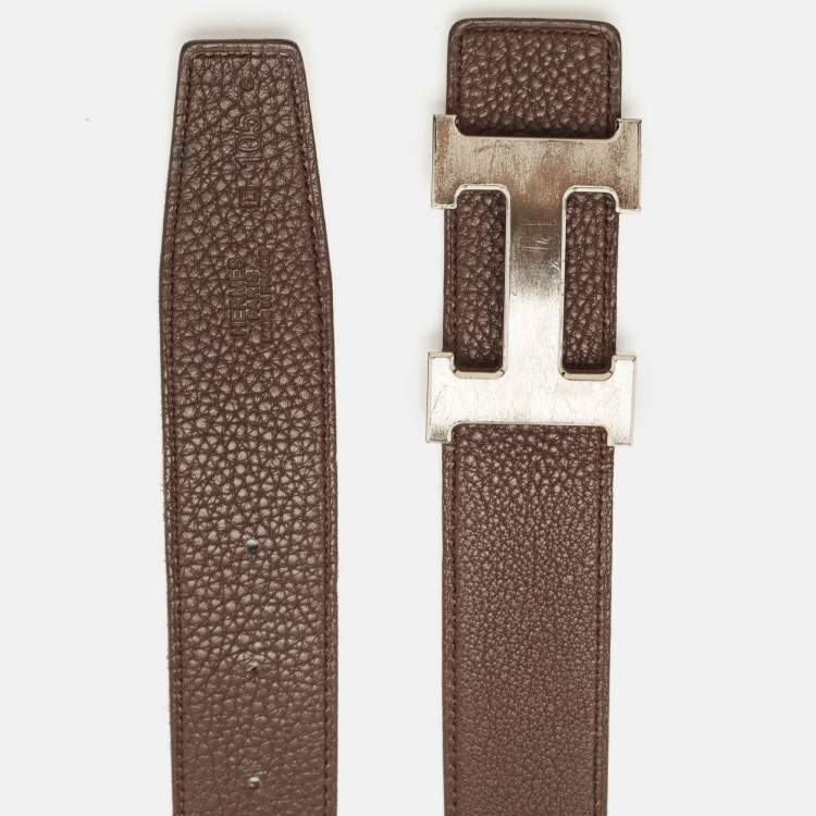 Pre Owned Hermes Black/Chocolat Box and Togo Leather H Buckle Reversible Belt 105CM