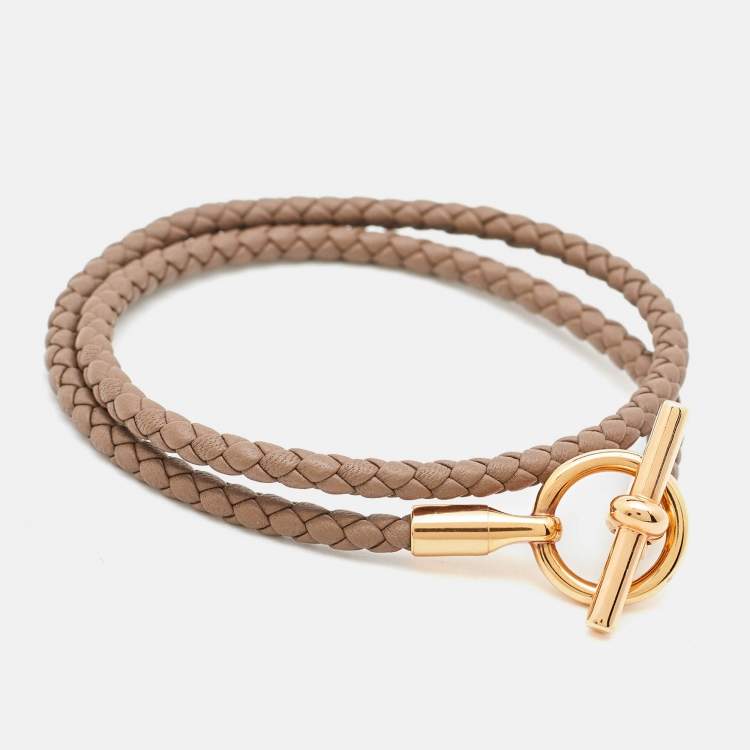 Pre Owned Hermes Glenan Leather Rose Gold Plated Bracelet