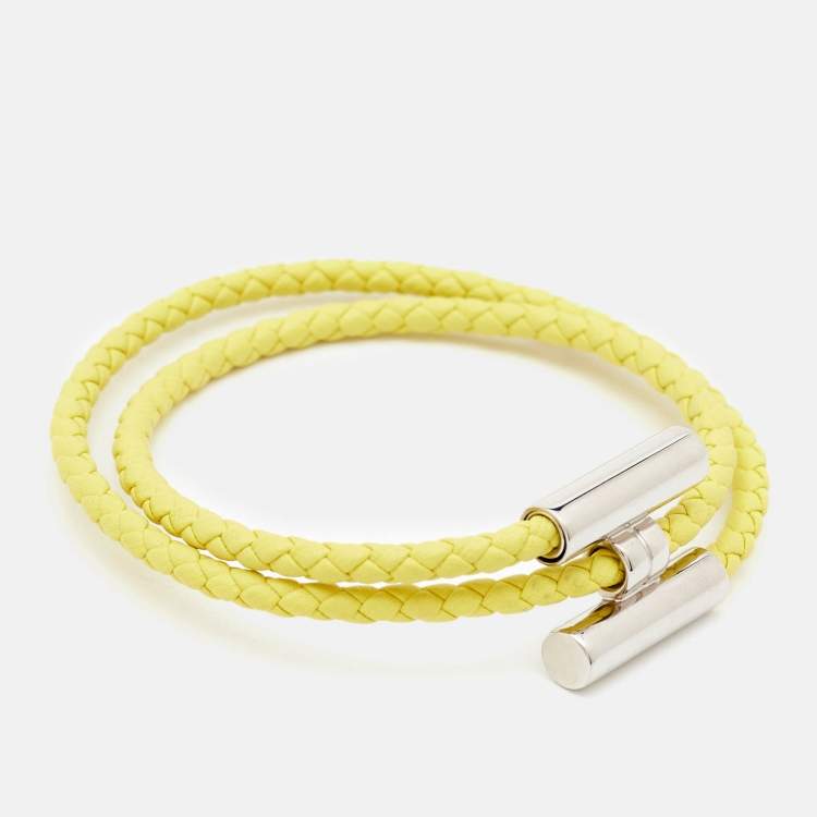 Pre Owned Hermès Tournis Tresse Yellow Leather Palladium Plated Bracelet
