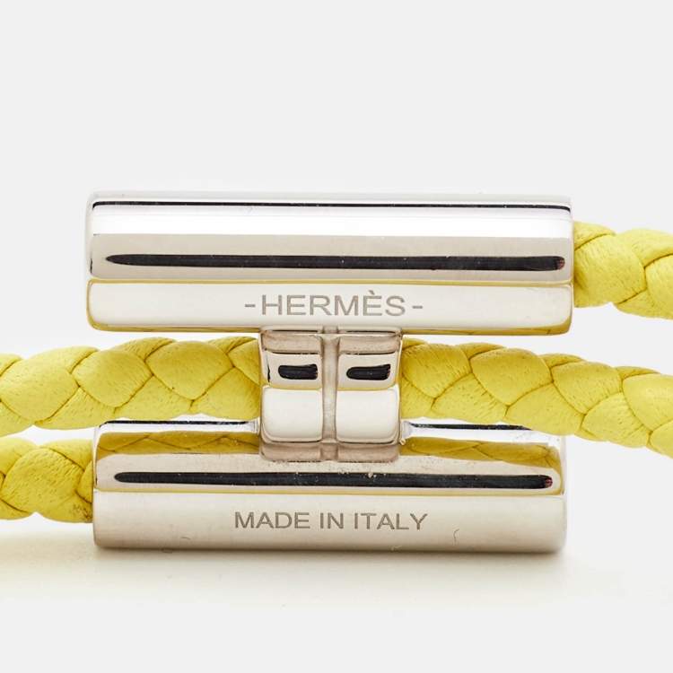 Pre Owned Hermès Tournis Tresse Yellow Leather Palladium Plated Bracelet