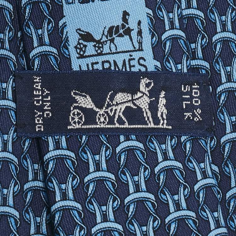 Pre Owned Hermès Navy Blue Equestrian Reigns Printed Silk Tie