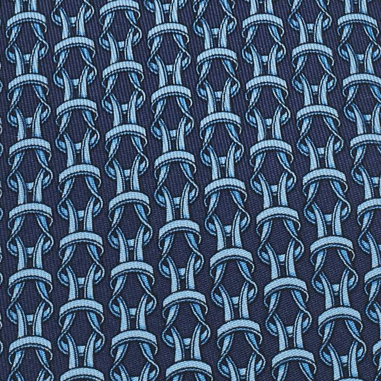 Pre Owned Hermès Navy Blue Equestrian Reigns Printed Silk Tie