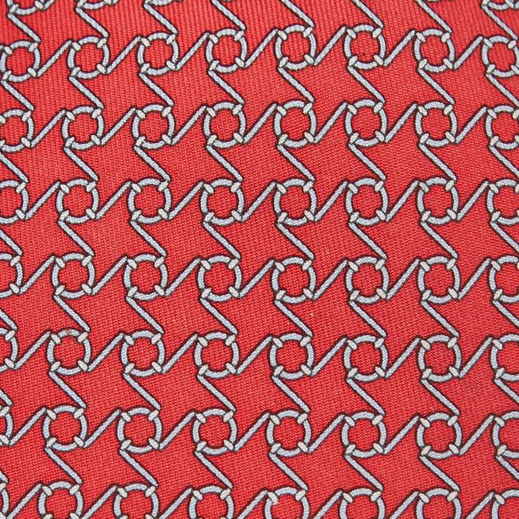 Pre Owned Hermes Red Printed Silk Classic Tie 