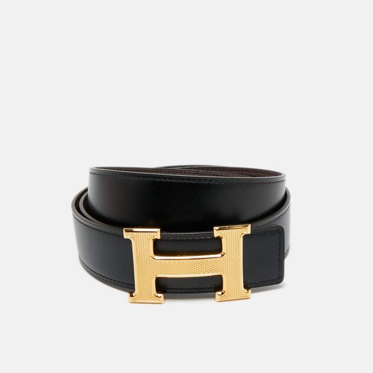 Pre Owned Hermes Noir/Cacao Box and Togo Leather Guillochee H Buckle Reversible Belt 90 CM