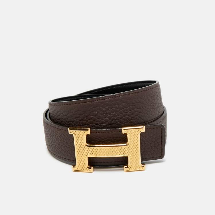 Pre Owned Hermes Noir/Cacao Box and Togo Leather Guillochee H Buckle Reversible Belt 90 CM