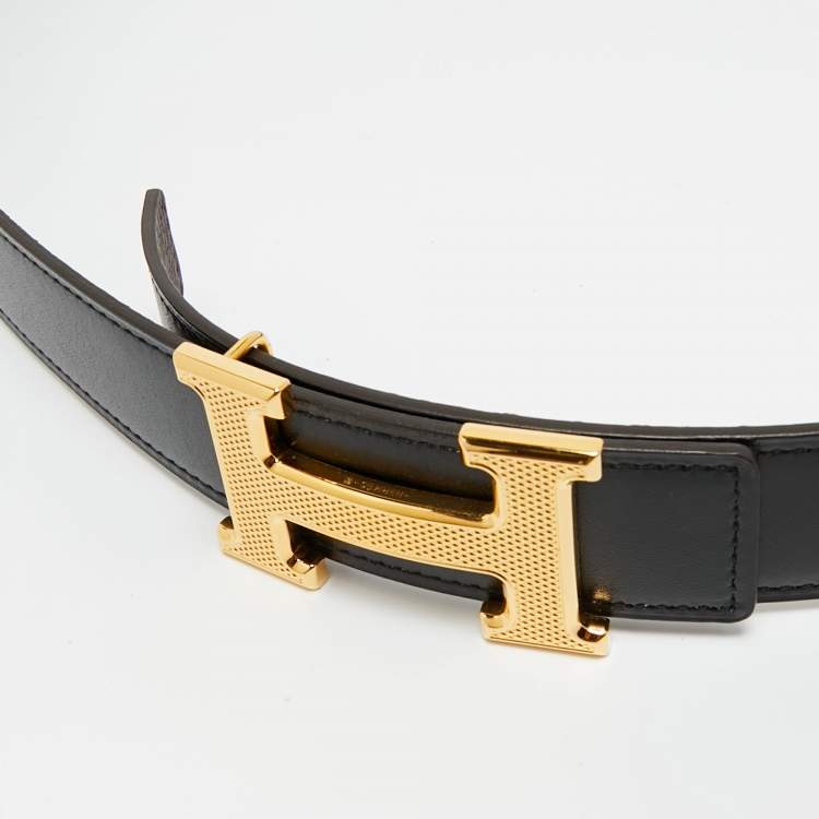 Pre Owned Hermes Noir/Cacao Box and Togo Leather Guillochee H Buckle Reversible Belt 90 CM