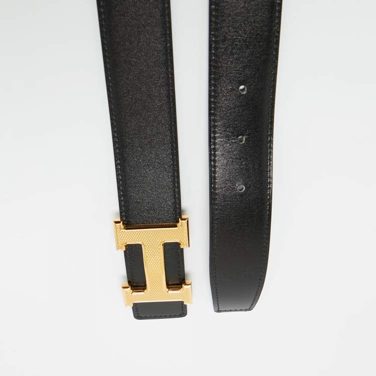 Pre Owned Hermes Noir/Cacao Box and Togo Leather Guillochee H Buckle Reversible Belt 90 CM