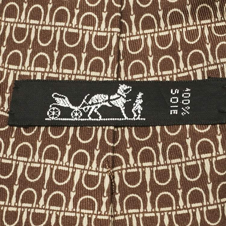 Pre Owned Hermès Brown Horse Bit Print Silk Traditional Tie 