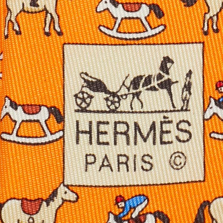 Pre Owned Hermès Orange Rocking Horse Print Silk Tie 