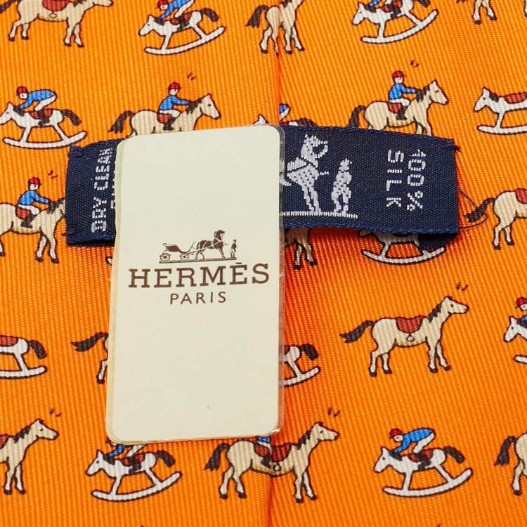 Pre Owned Hermès Orange Rocking Horse Print Silk Tie 