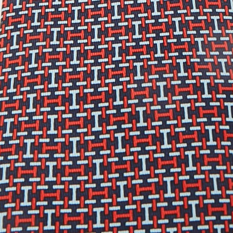 Pre Owned Hermès Navy Blue/Red All-Over H Print Silk Tie