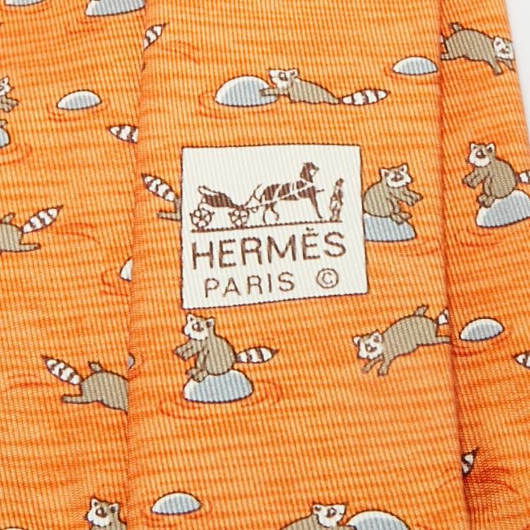 Pre Owned Hermès Orange Raccoon Print Silk Tie