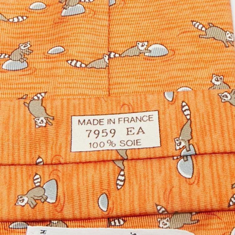 Pre Owned Hermès Orange Raccoon Print Silk Tie