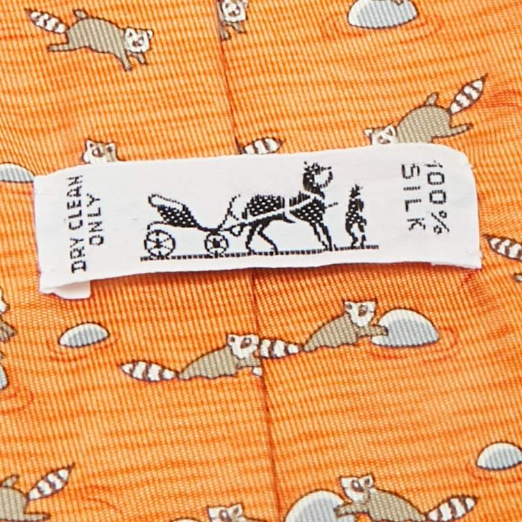 Pre Owned Hermès Orange Raccoon Print Silk Tie