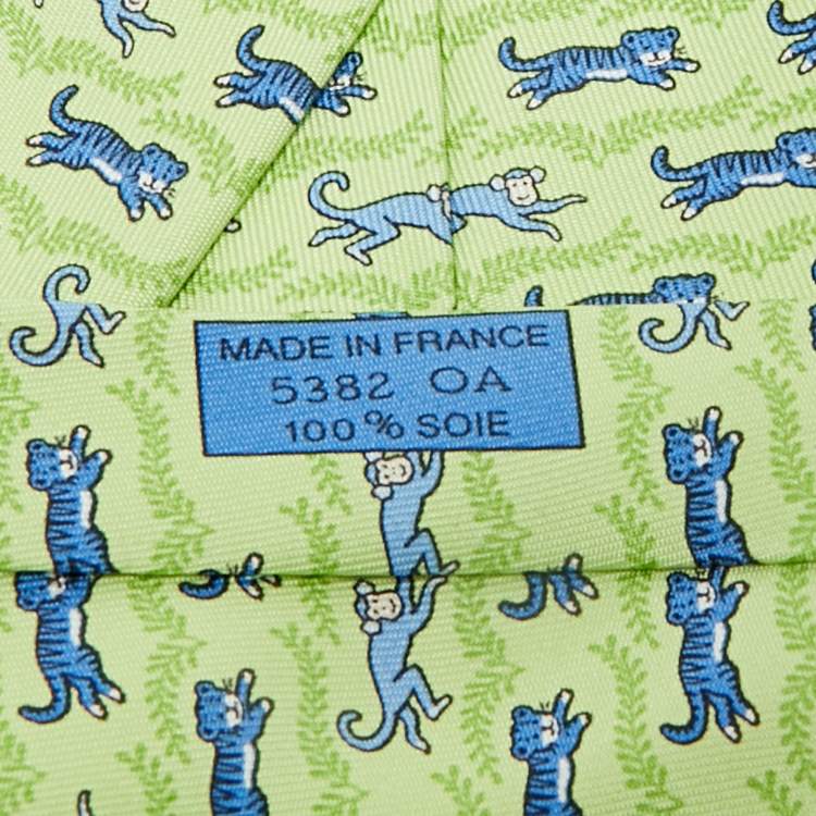 Pre Owned Hermes Green Tiger and Monkey Print Silk Traditional Tie