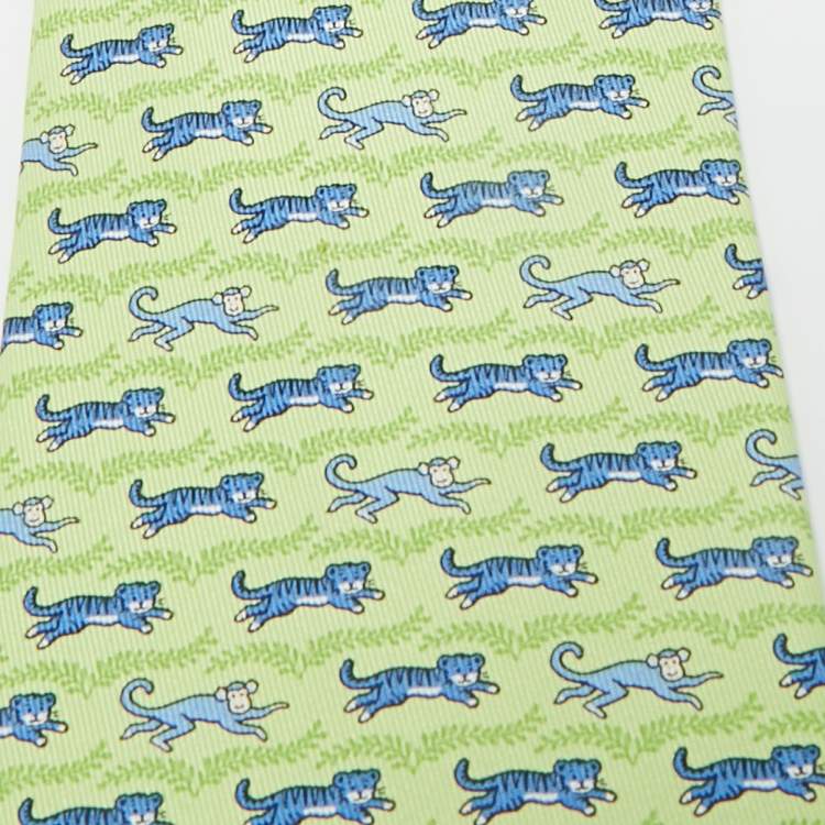 Pre Owned Hermes Green Tiger and Monkey Print Silk Traditional Tie