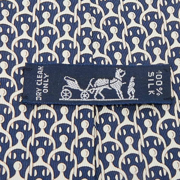 Pre Owned Hermès Navy Blue Print Silk Traditional Tie 