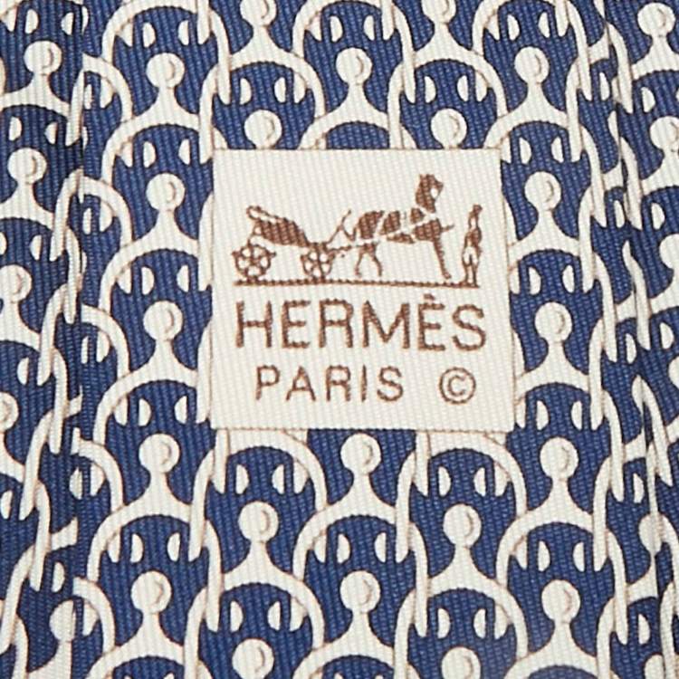 Pre Owned Hermès Navy Blue Print Silk Traditional Tie 
