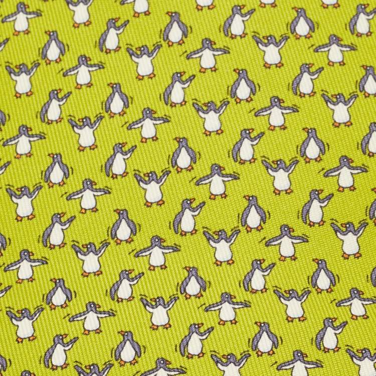 Pre Owned Hermès Green Whimsical Penguins Print Silk Tie