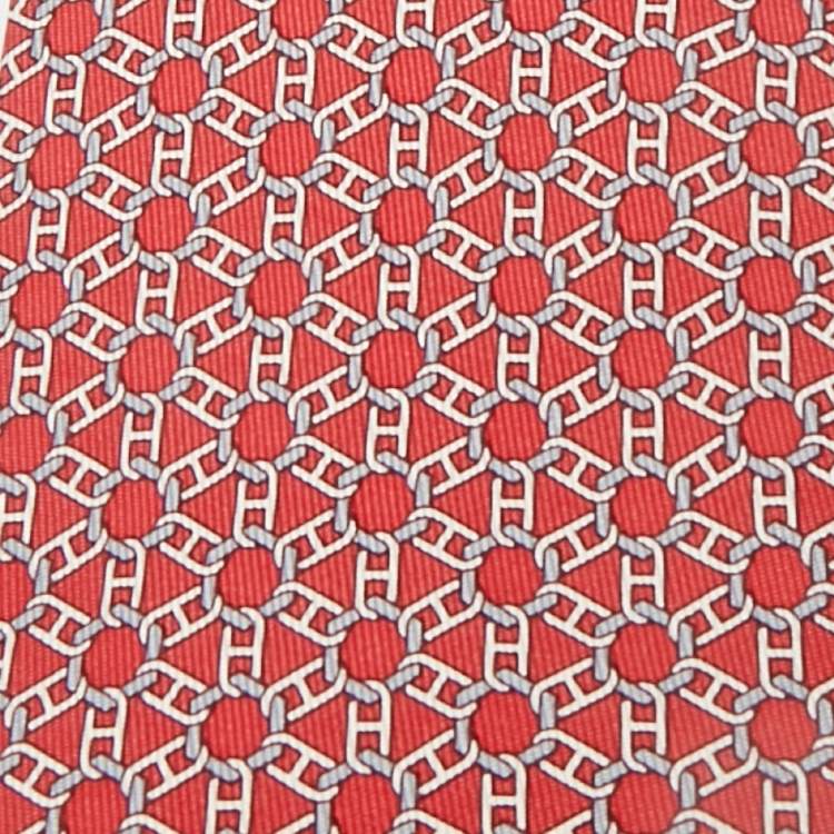 Pre Owned Hermès Red Geomteric Print Silk Tie