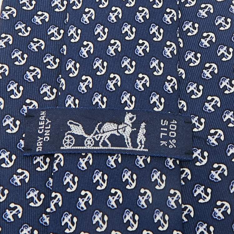 Pre Owned Hermès Blue Anchor Print Silk Traditional Tie 
