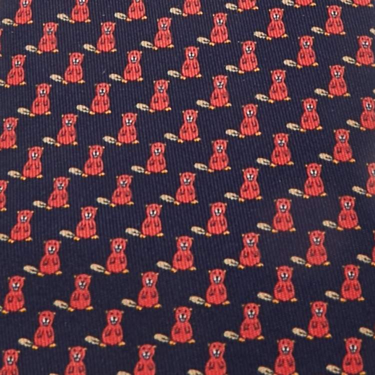 Pre Owned Hermès Blue Seal and Fox Print Silk Tie