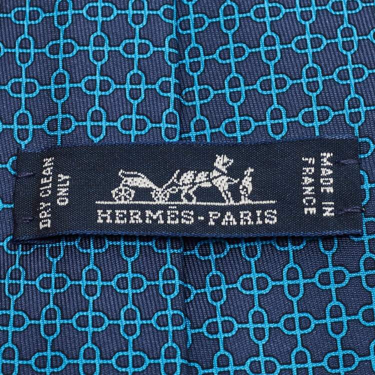Pre Owned Hermès Blue Geometric Print Silk Tie 
