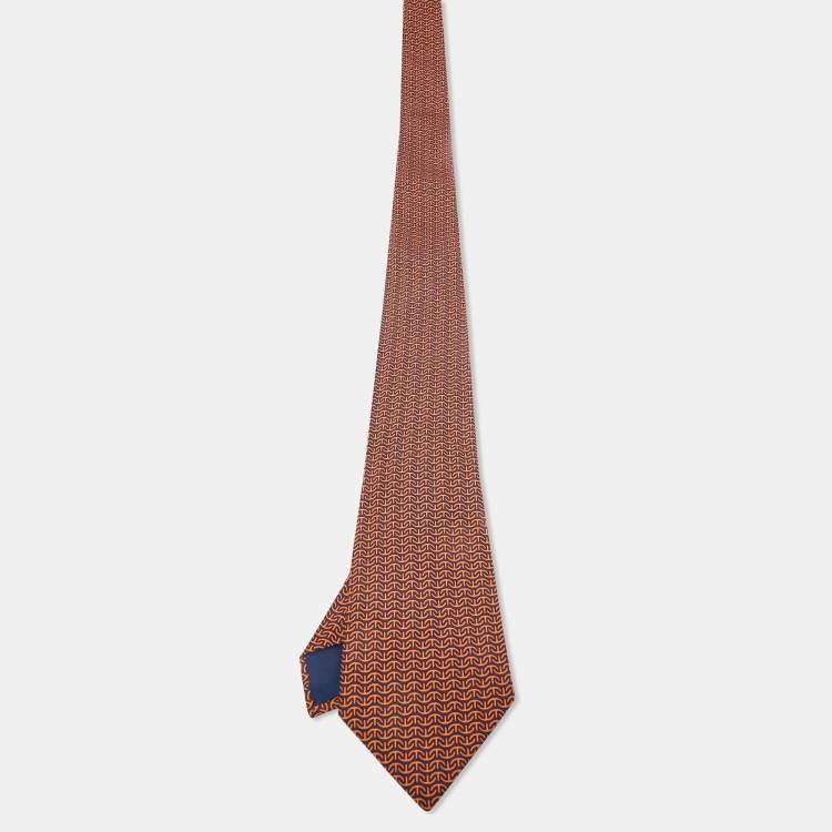 Pre Owned Hermès Orange Printed Silk Tie