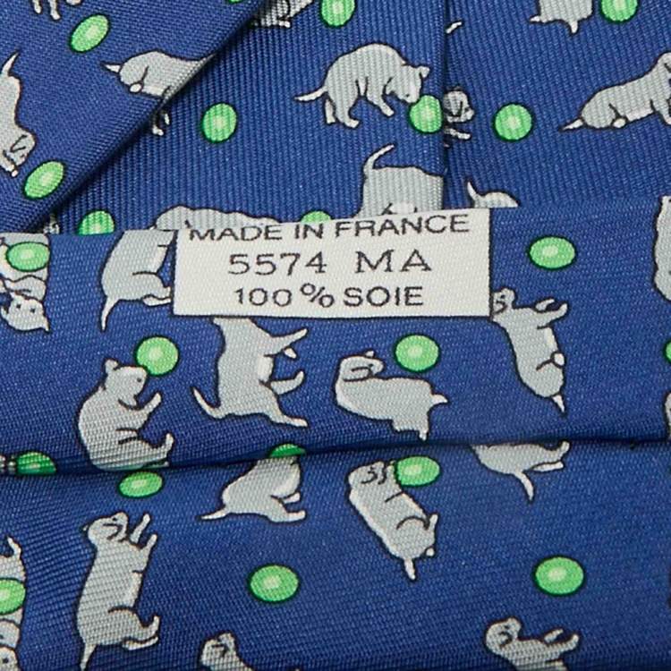 Pre Owned Hermès Blue Puppy Print Silk Tie 