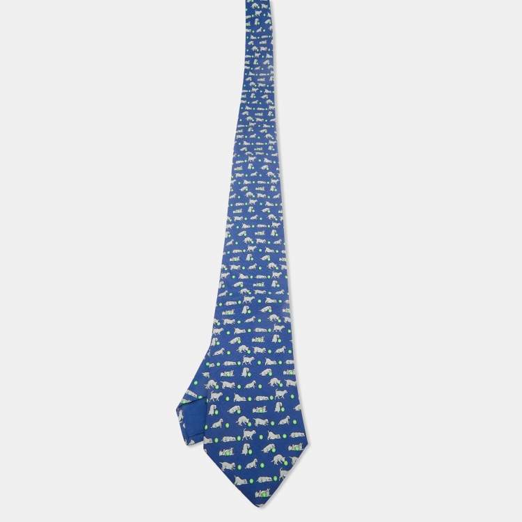 Pre Owned Hermès Blue Puppy Print Silk Tie 
