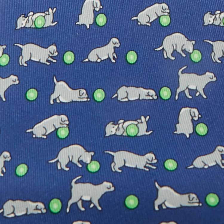 Pre Owned Hermès Blue Puppy Print Silk Tie 