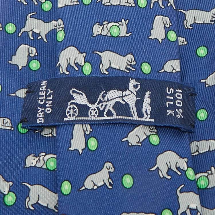 Pre Owned Hermès Blue Puppy Print Silk Tie 