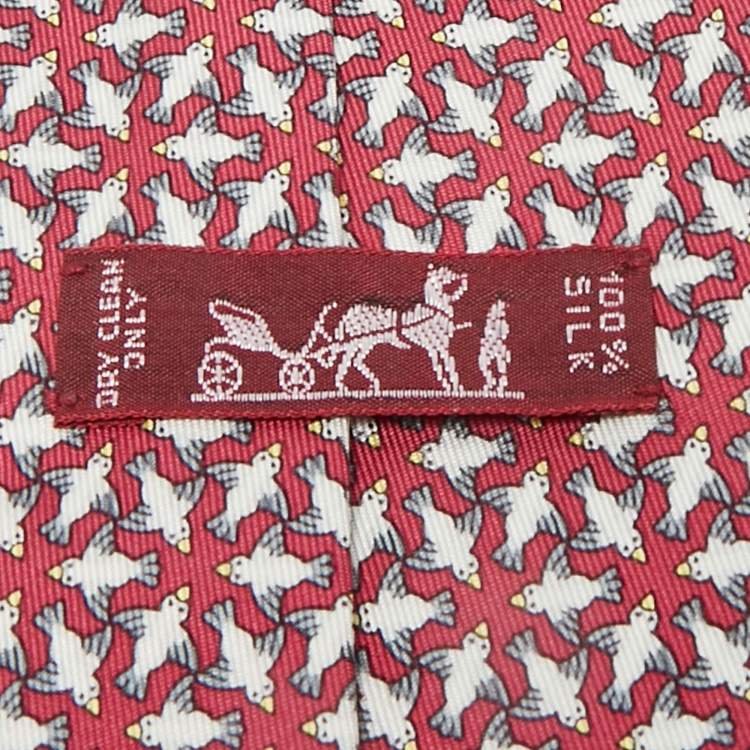 Pre Owned Hermès Pink Bird Print Silk Traditional Tie 