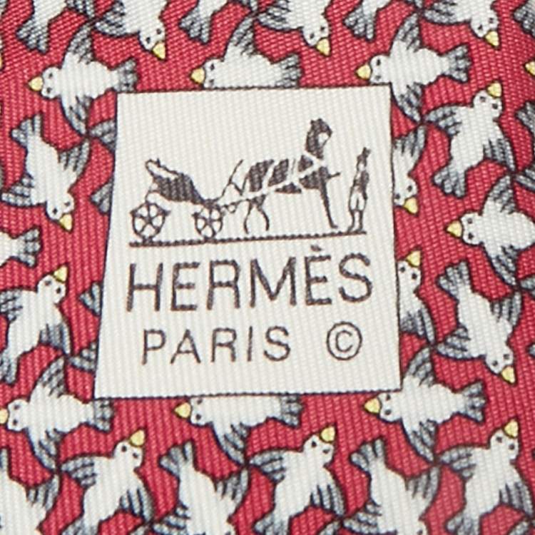 Pre Owned Hermès Pink Bird Print Silk Traditional Tie 
