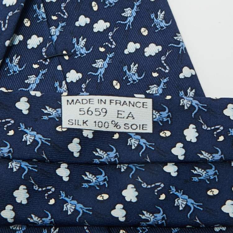 Pre Owned Hermès Blue Dragon Print Silk Tie