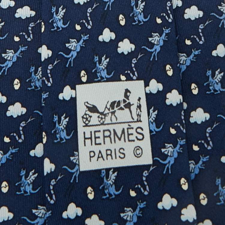 Pre Owned Hermès Blue Dragon Print Silk Tie