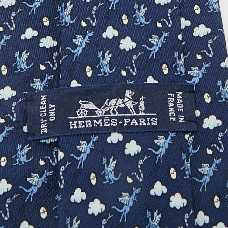 Pre Owned Hermès Blue Dragon Print Silk Tie