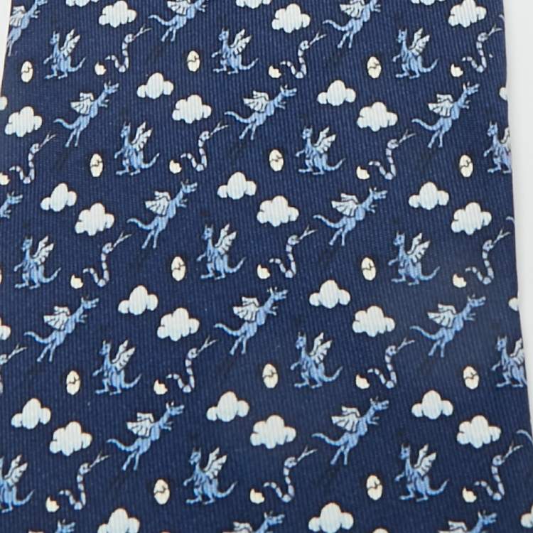 Pre Owned Hermès Blue Dragon Print Silk Tie