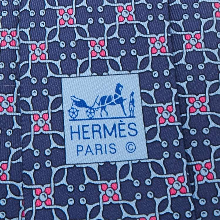 Pre Owned Hermès Blue Floral Print Silk Tie 