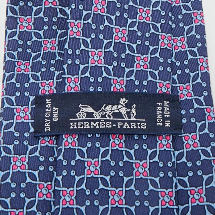 Pre Owned Hermès Blue Floral Print Silk Tie 