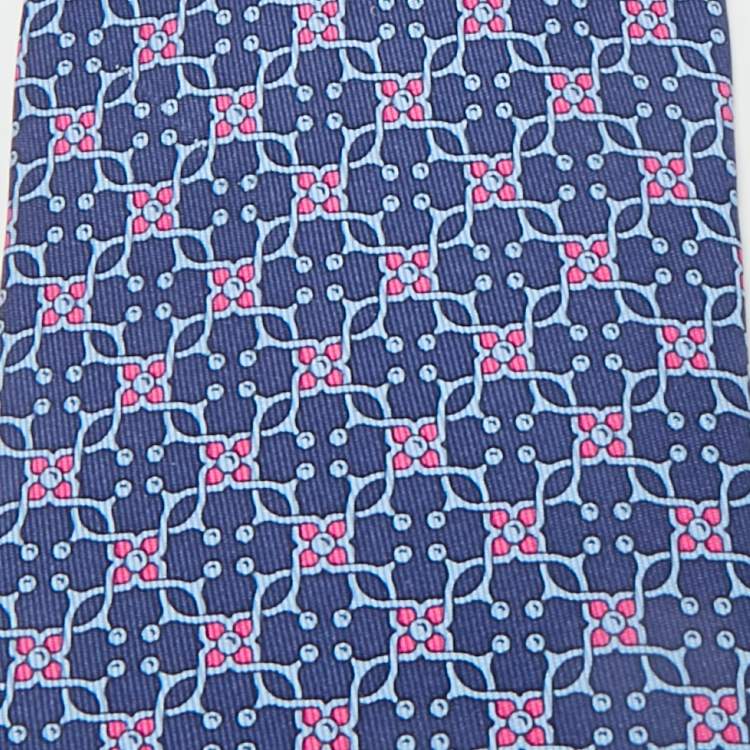Pre Owned Hermès Blue Floral Print Silk Tie 