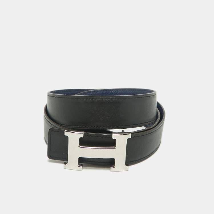 Pre Owned Hermès Noir/Bleu Saphir Swift and Epsom Leather H Martelee Buckle Reversible Belt 100 CM