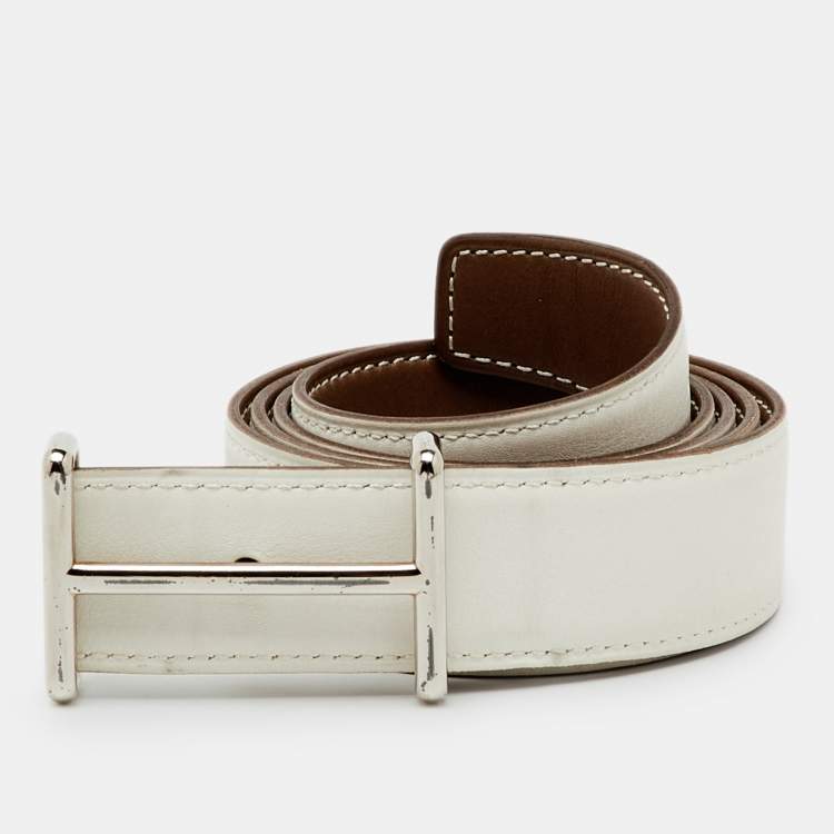 Pre Owned Hermès Etoupe/Blanc Swift Leather Palladium Finish Reversible Idem Belt 95CM